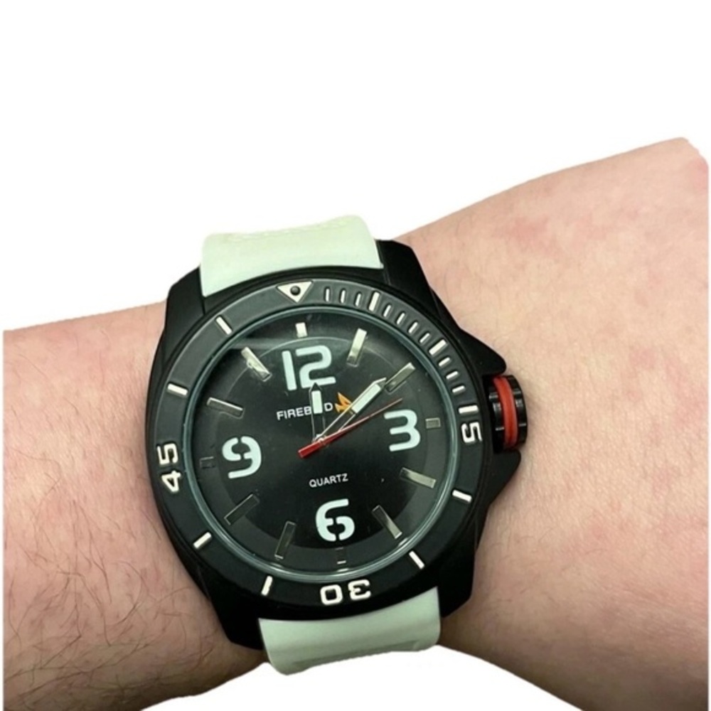 Firebird Quartz Black Dial Watch with White Strap